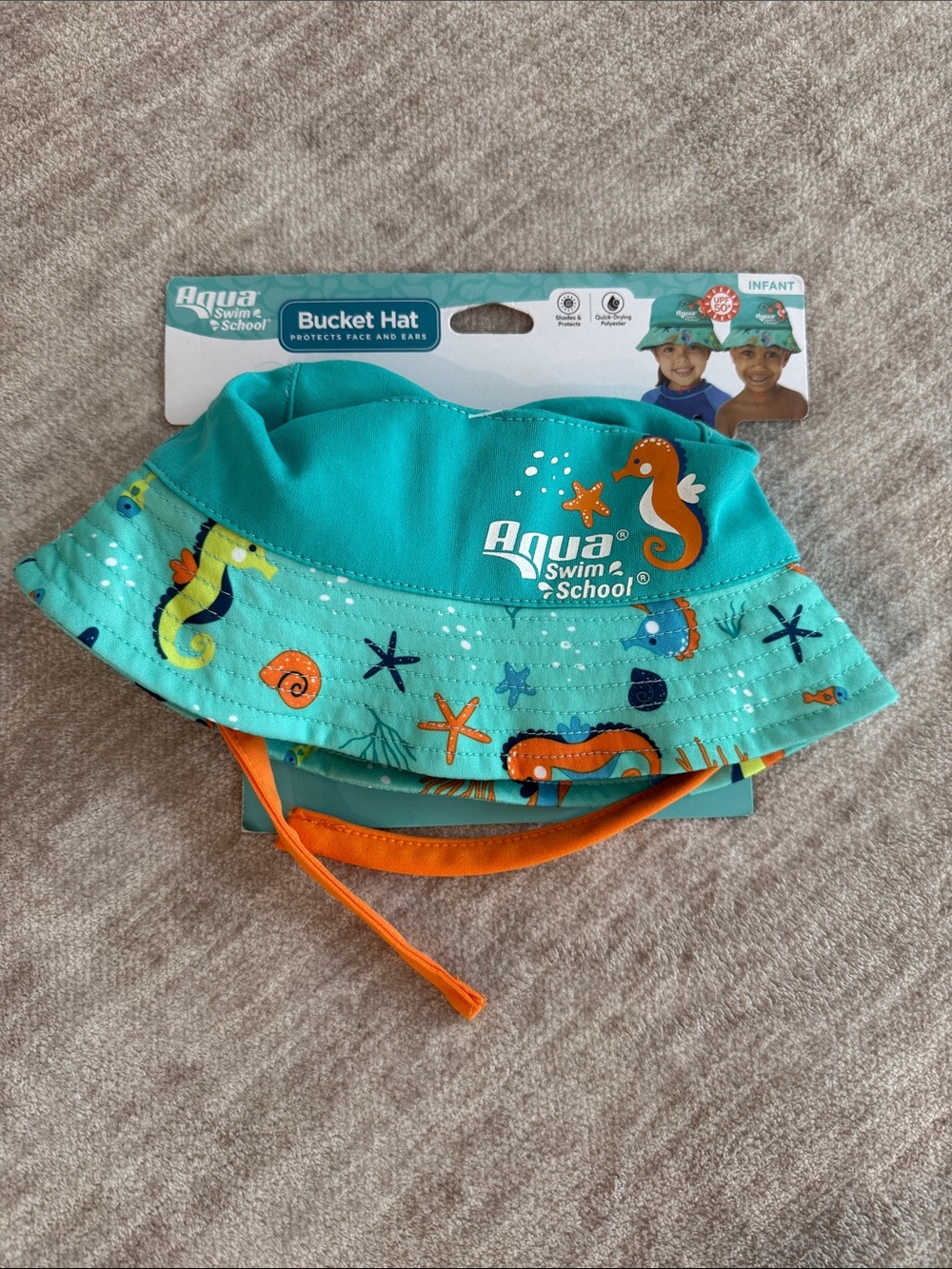 Infant Teal Bucket Hat with Orange Chin Strapping - Aqua Swim School - NWT